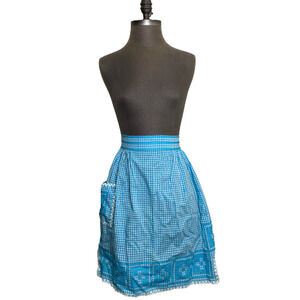 Vintage Plaid Waist Apron Blue embroidered Square 50's Retro